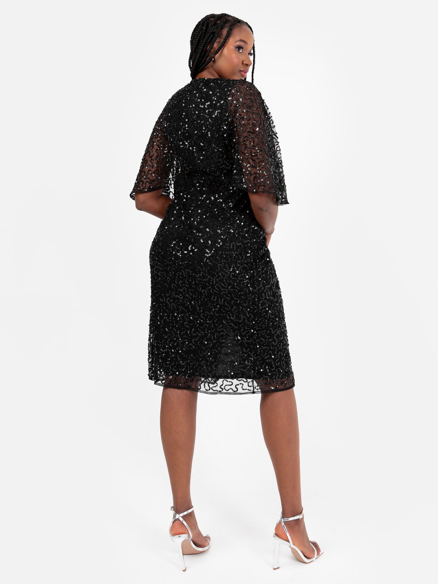 Maya Black Fully Embellished Faux Wrap Midi Dress