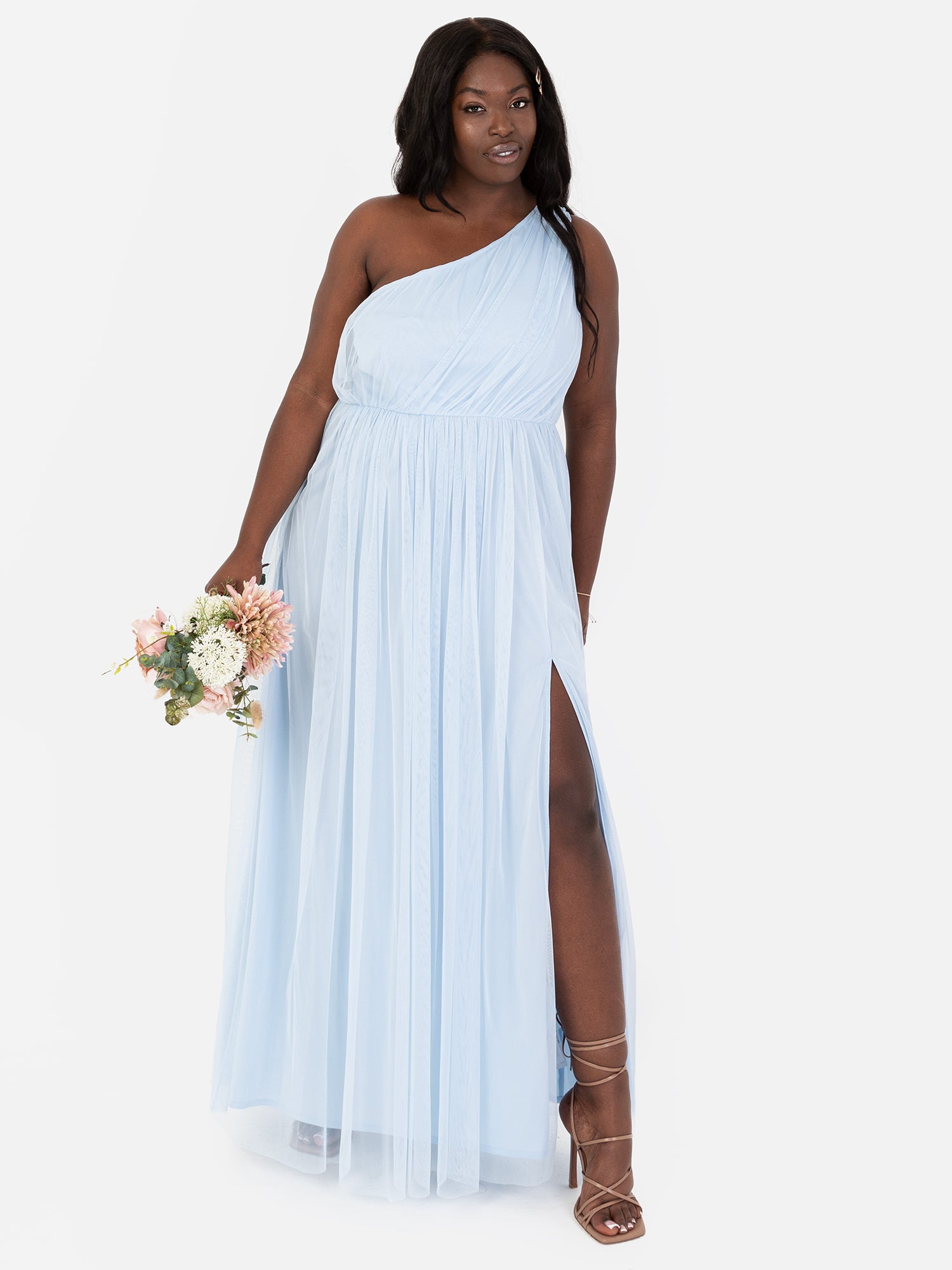 Pretty Lavish one shoulder ruched satin split midaxi dress in cool gold Pretty Lavish one shoulder ruched satin split midaxi dress in cool gold