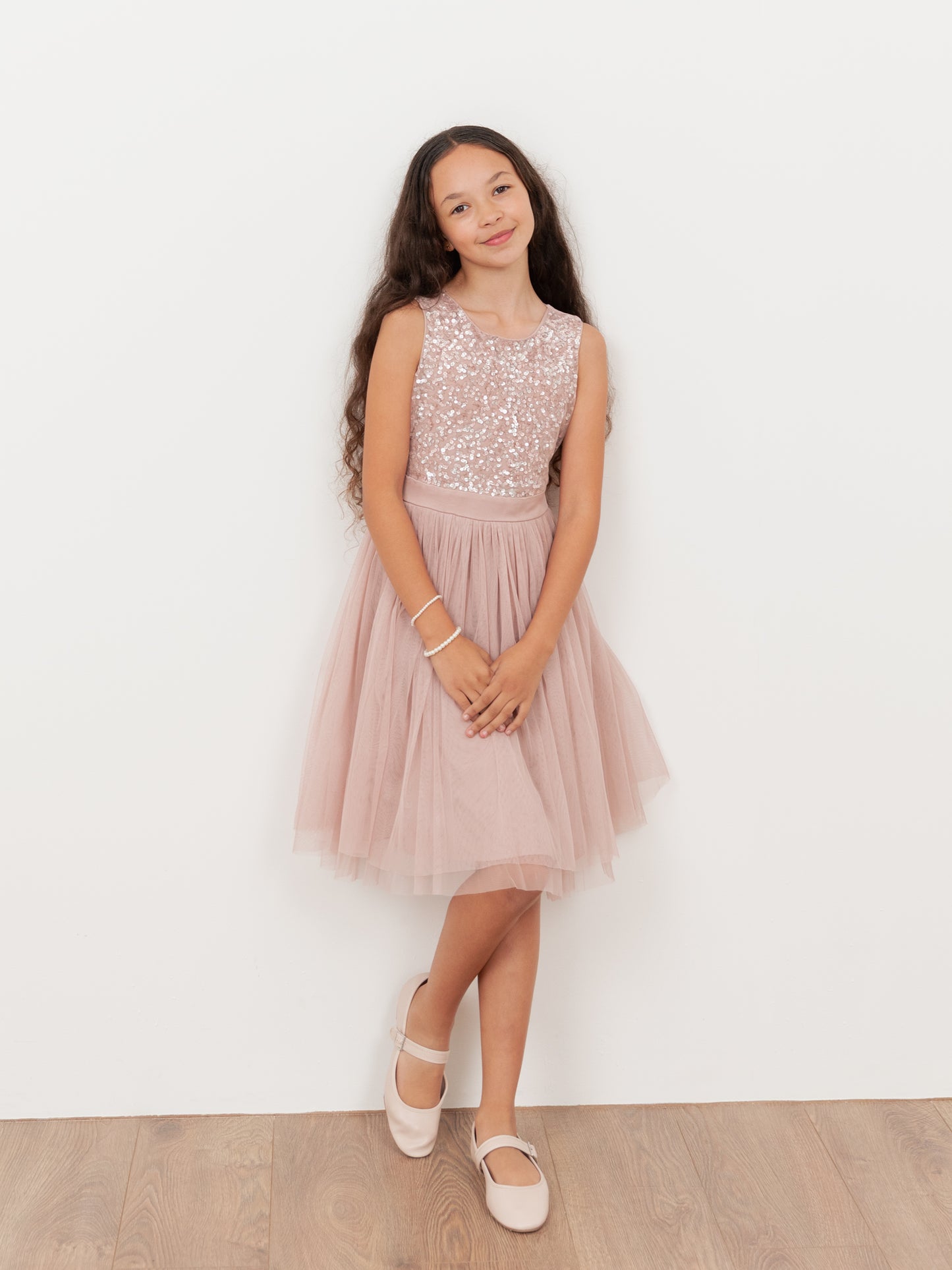 Mini Maya Frosted Pink Delicate Sequin Midi Dress with Bow