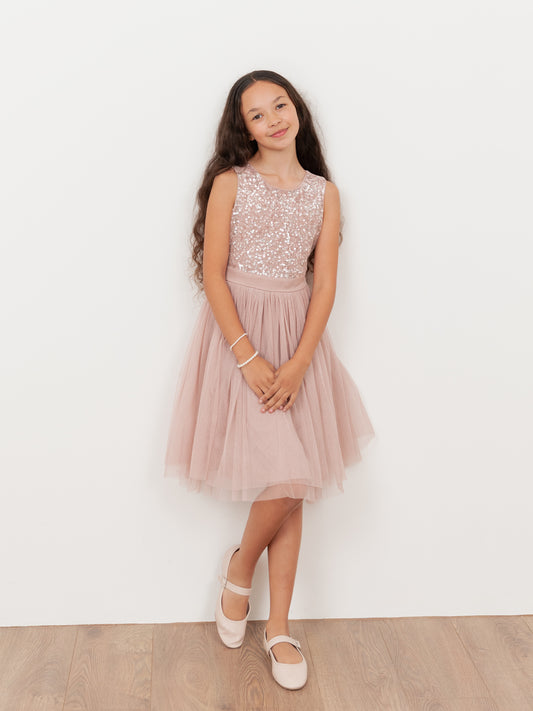 Mini Maya Frosted Pink Delicate Sequin Midi Dress with Bow