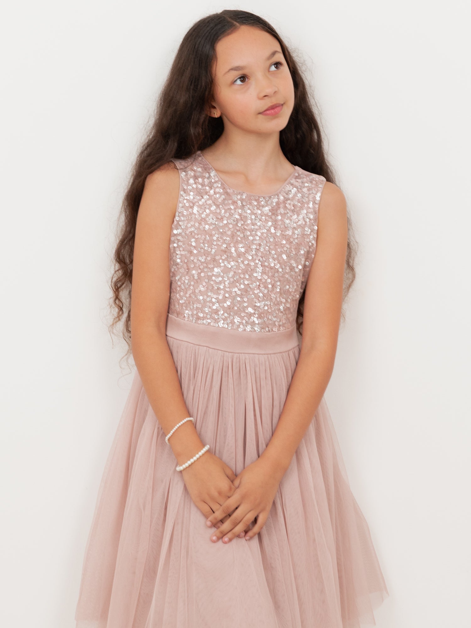 Mini Maya Frosted Pink Delicate Sequin Midi Dress with Bow Maya Deluxe Mini Maya Frosted Pink Delicate Sequin Midi Dress with Bow Maya Deluxe