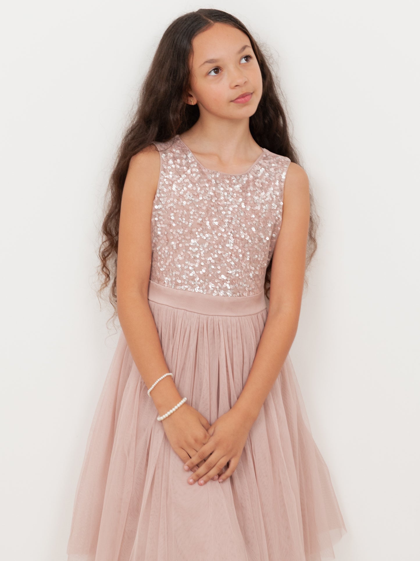 Mini Maya Frosted Pink Delicate Sequin Midi Dress with Bow