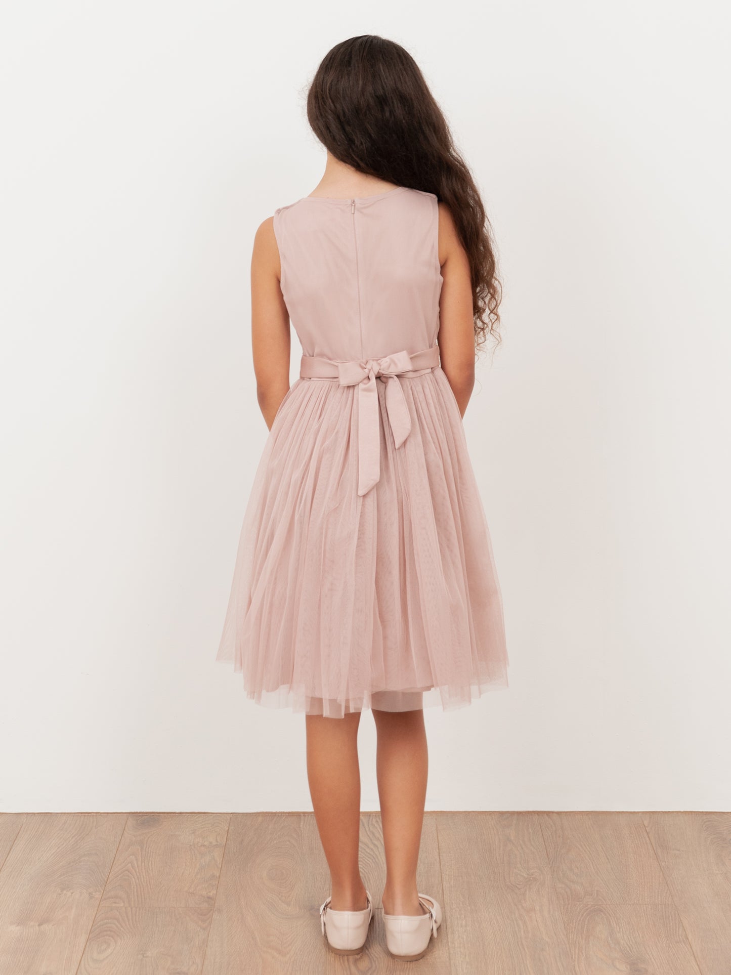 Mini Maya Frosted Pink Delicate Sequin Midi Dress with Bow