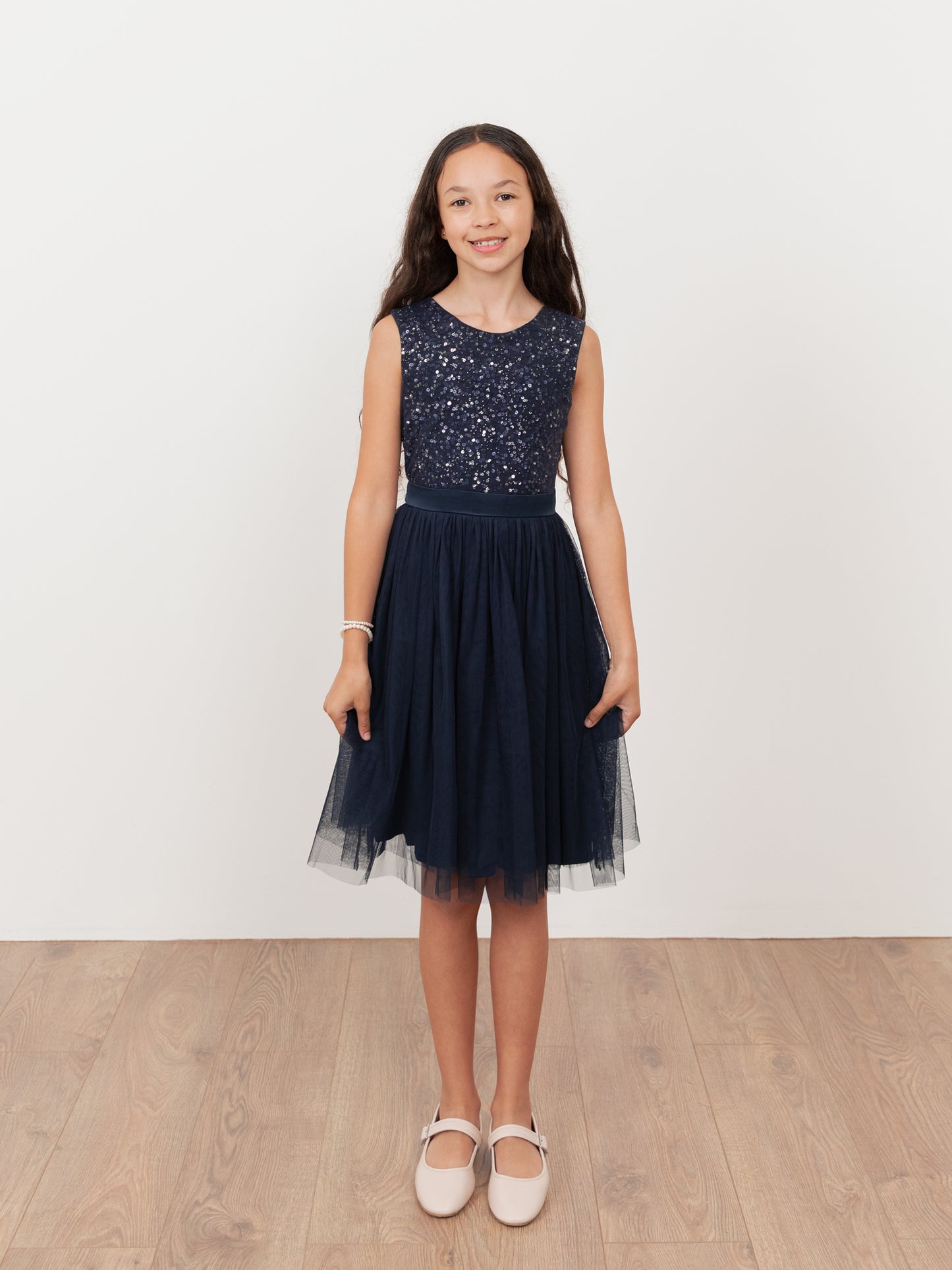 Mini Maya Navy Delicate Sequin Midi Dress With Bow