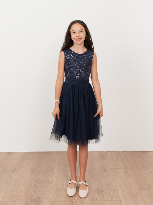 Mini Maya Navy Delicate Sequin Midi Dress With Bow