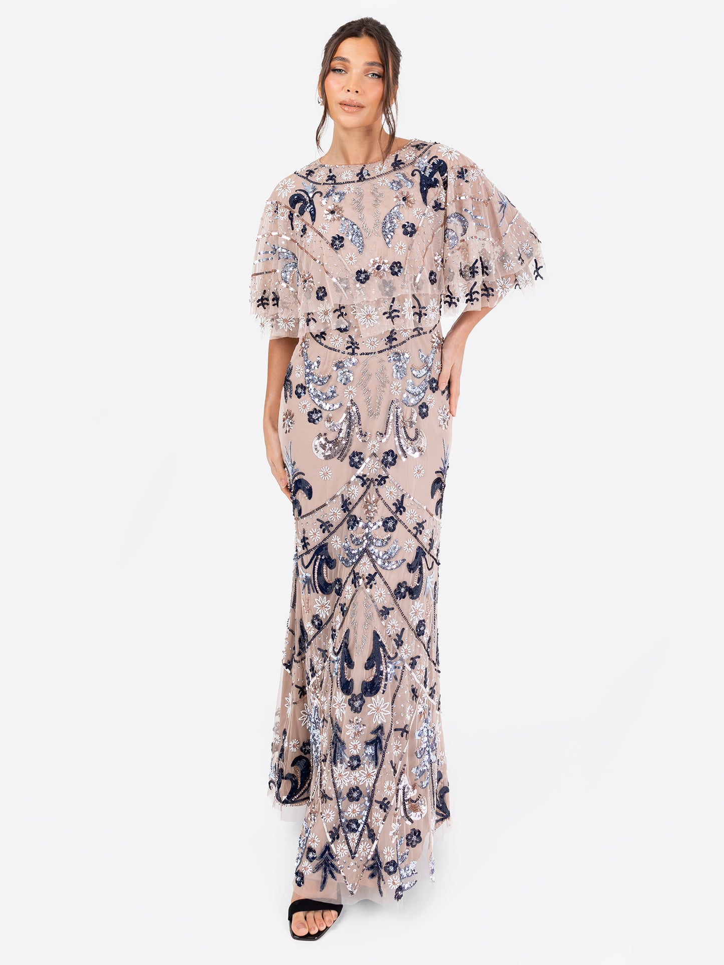 Maya Taupe Blush Fully Embellished Cape Sleeve Maxi Dress