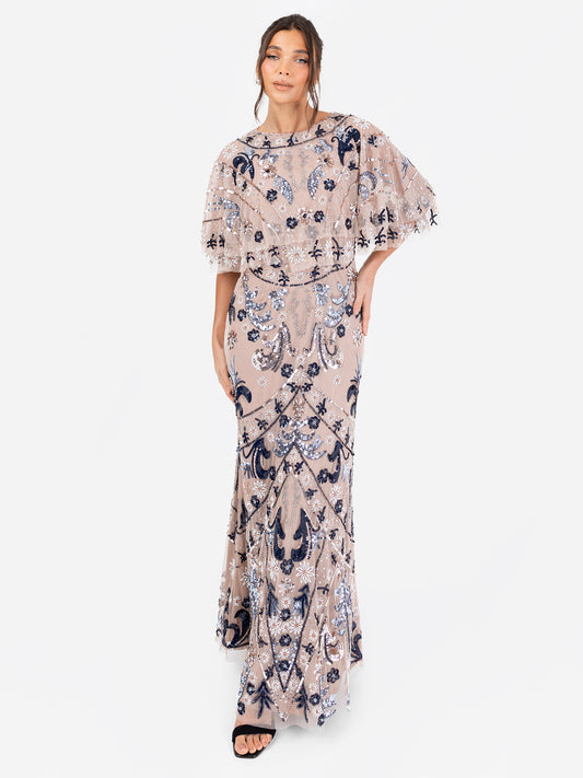 Maya Taupe Blush Fully Embellished Cape Sleeve Maxi Dress