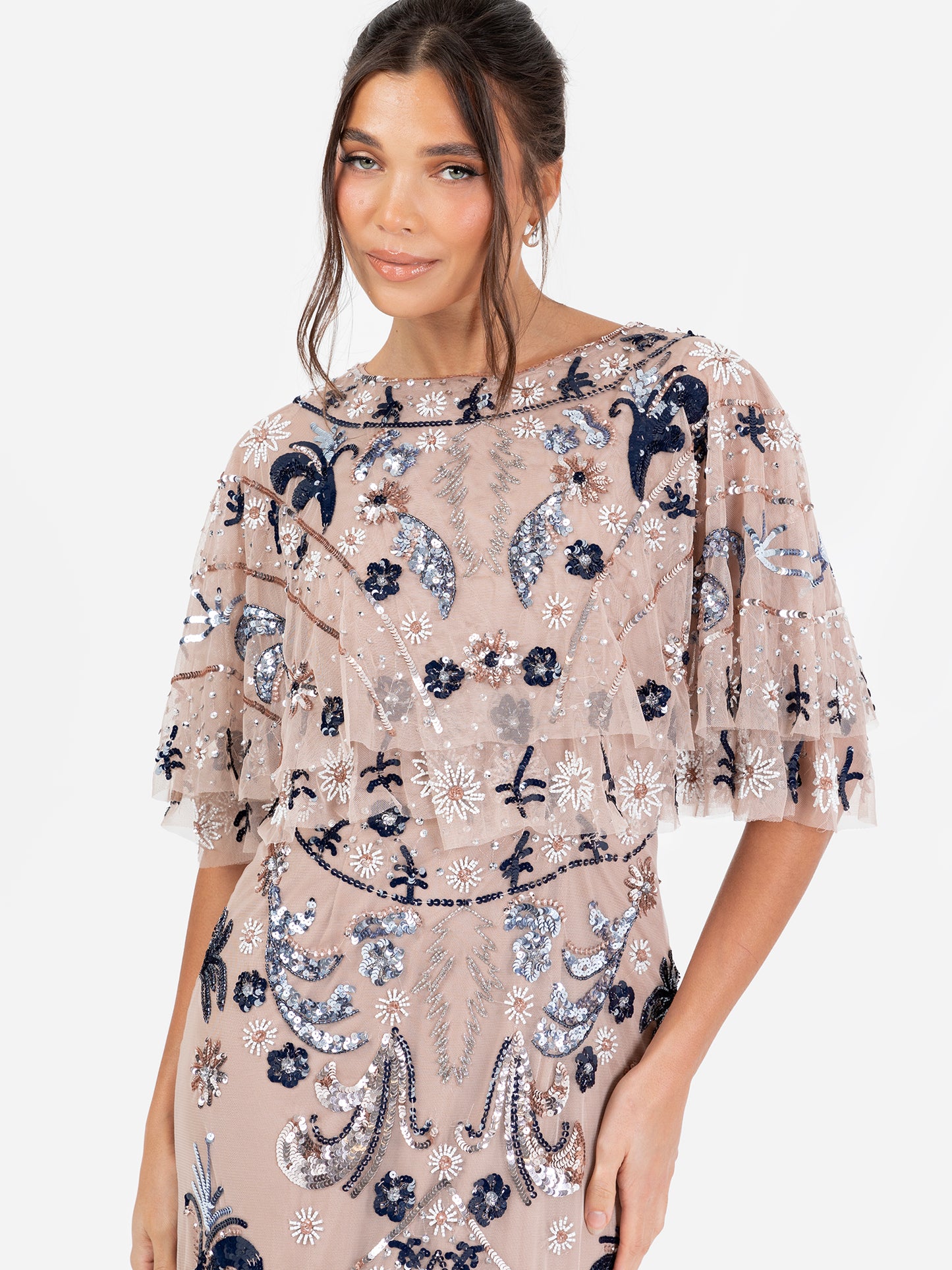 Maya Taupe Blush Fully Embellished Cape Sleeve Maxi Dress