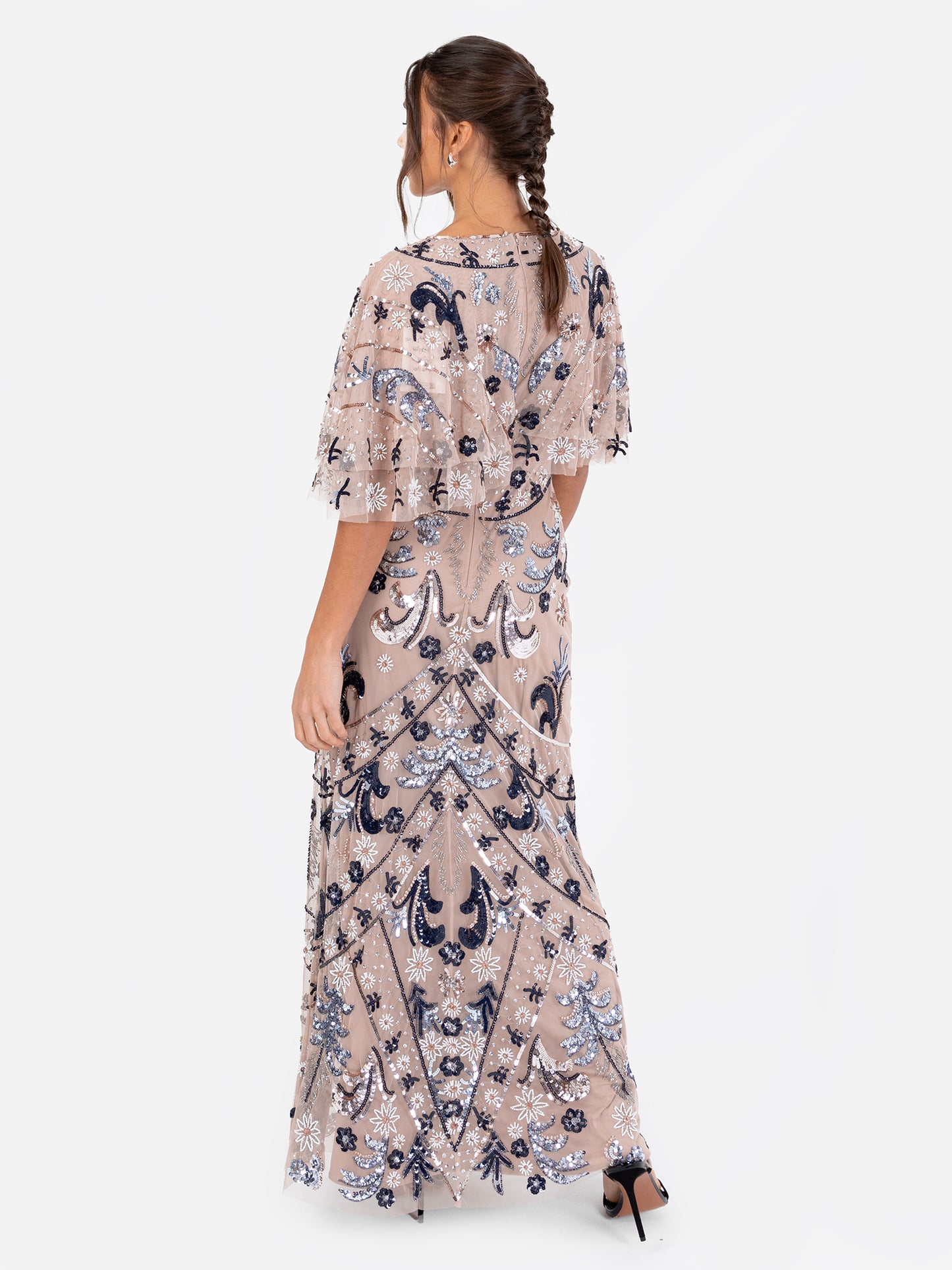 Maya Taupe Blush Fully Embellished Cape Sleeve Maxi Dress