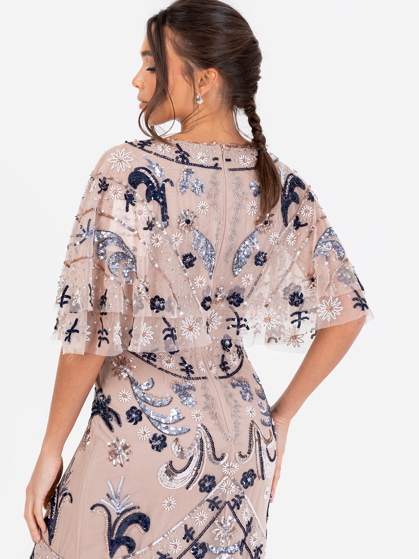 Maya Taupe Blush Fully Embellished Cape Sleeve Maxi Dress