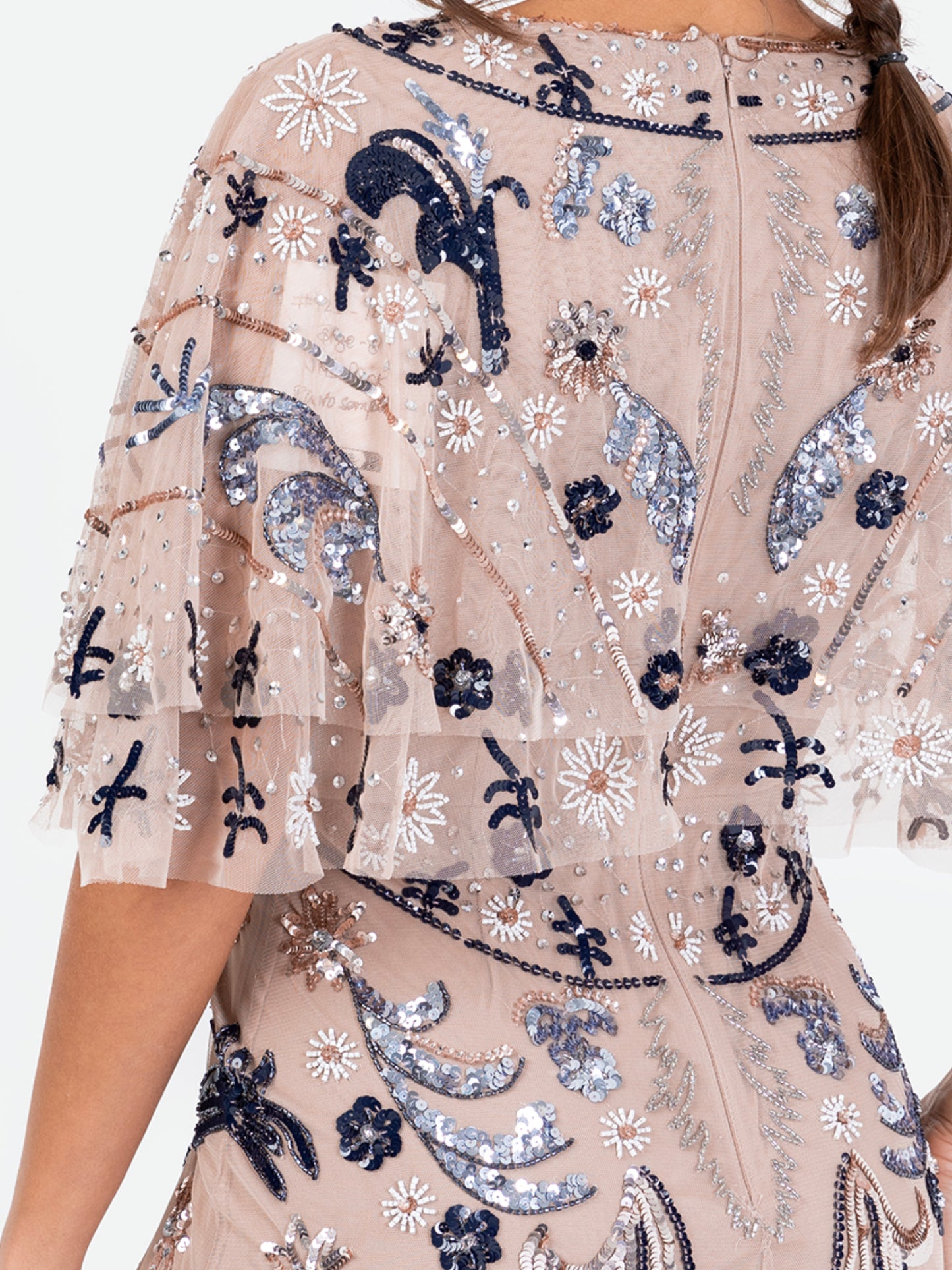Maya Taupe Blush Fully Embellished Cape Sleeve Maxi Dress