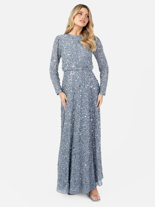 Maya Fully Embellished Dusty Blue Long Sleeve Split Maxi Dress