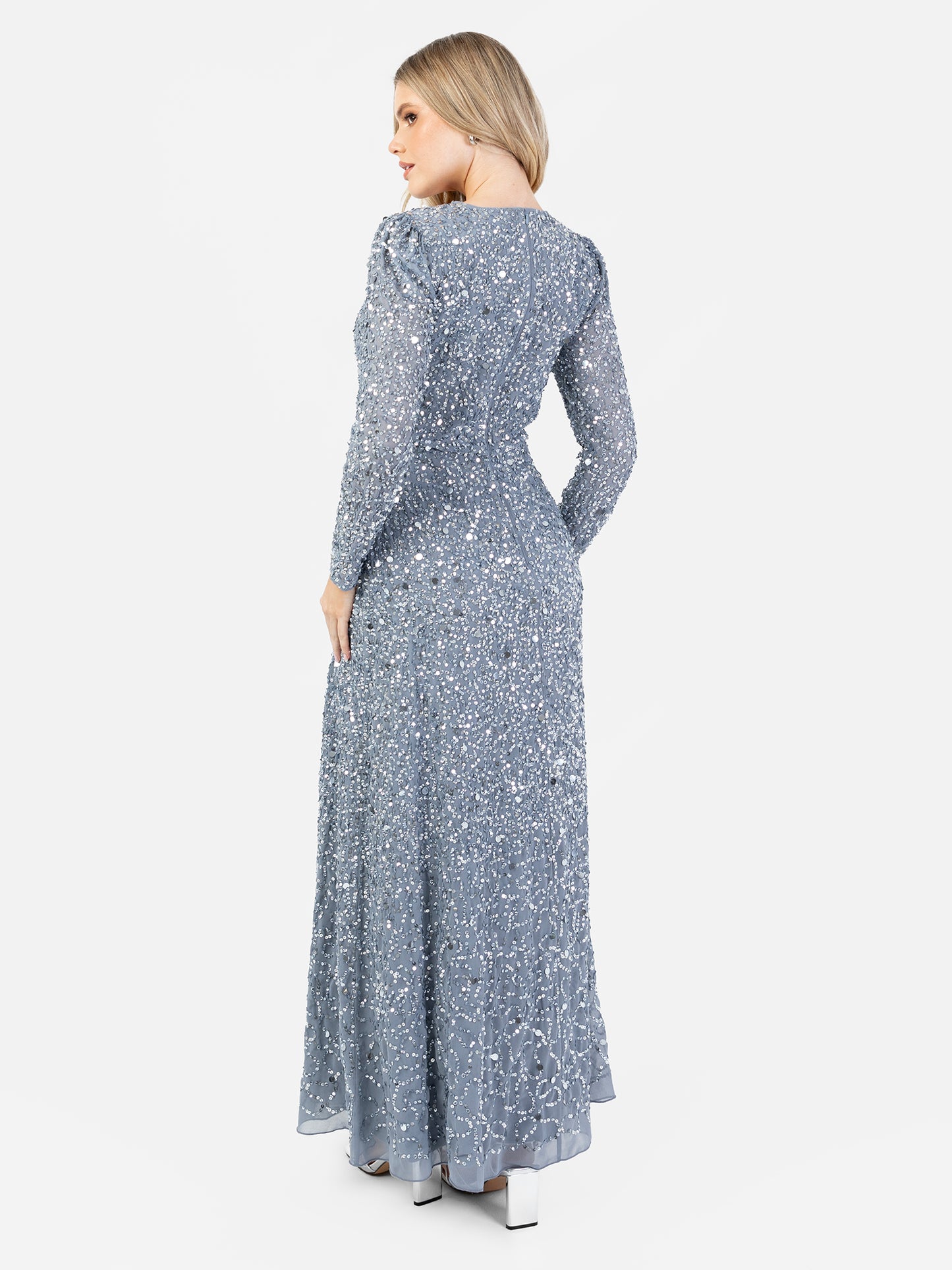 Maya Fully Embellished Dusty Blue Long Sleeve Split Maxi Dress