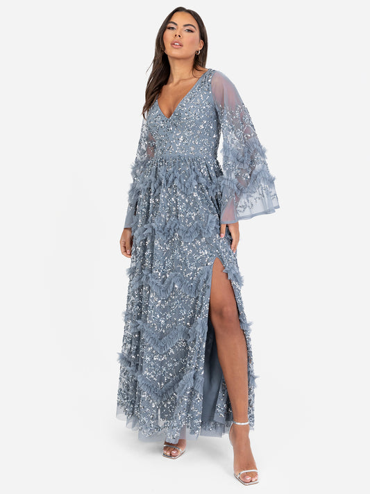 Maya Dusty Blue Fully Embellished Maxi Dress with Frill Detail