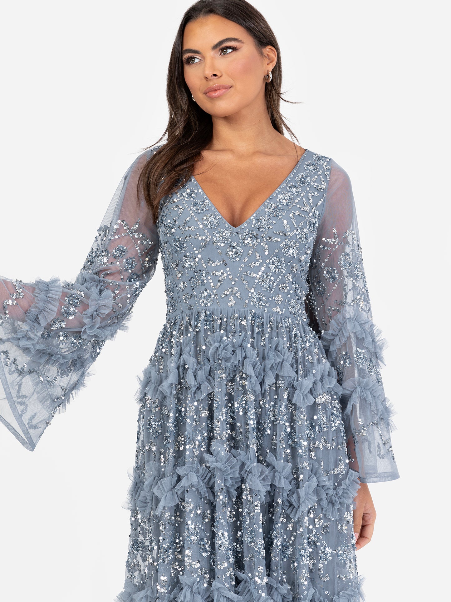 Maya Dusty Blue Fully Embellished Maxi Dress with Frill Detail