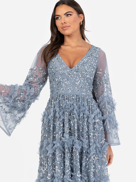 Maya Dusty Blue Fully Embellished Maxi Dress with Frill Detail