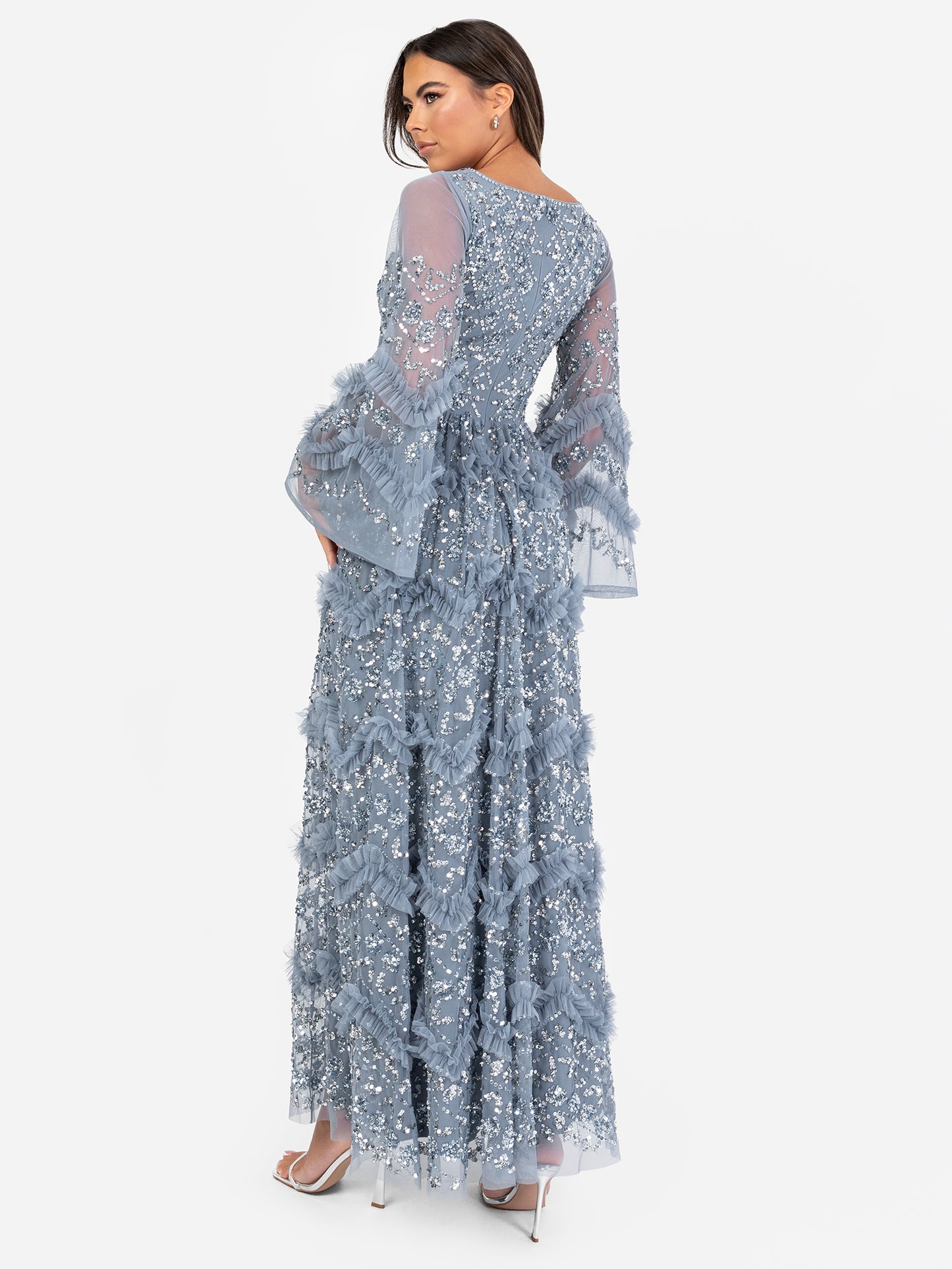 Maya Dusty Blue Fully Embellished Maxi Dress with Frill Detail