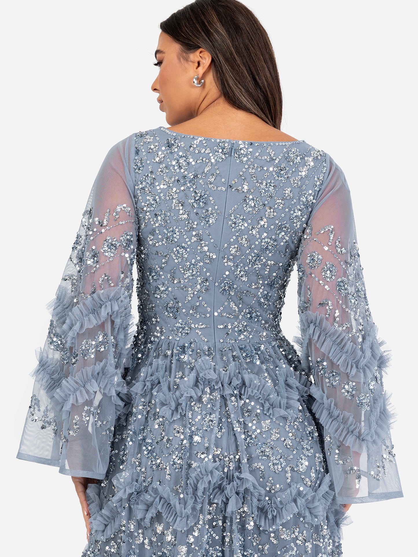 Maya Dusty Blue Fully Embellished Maxi Dress with Frill Detail