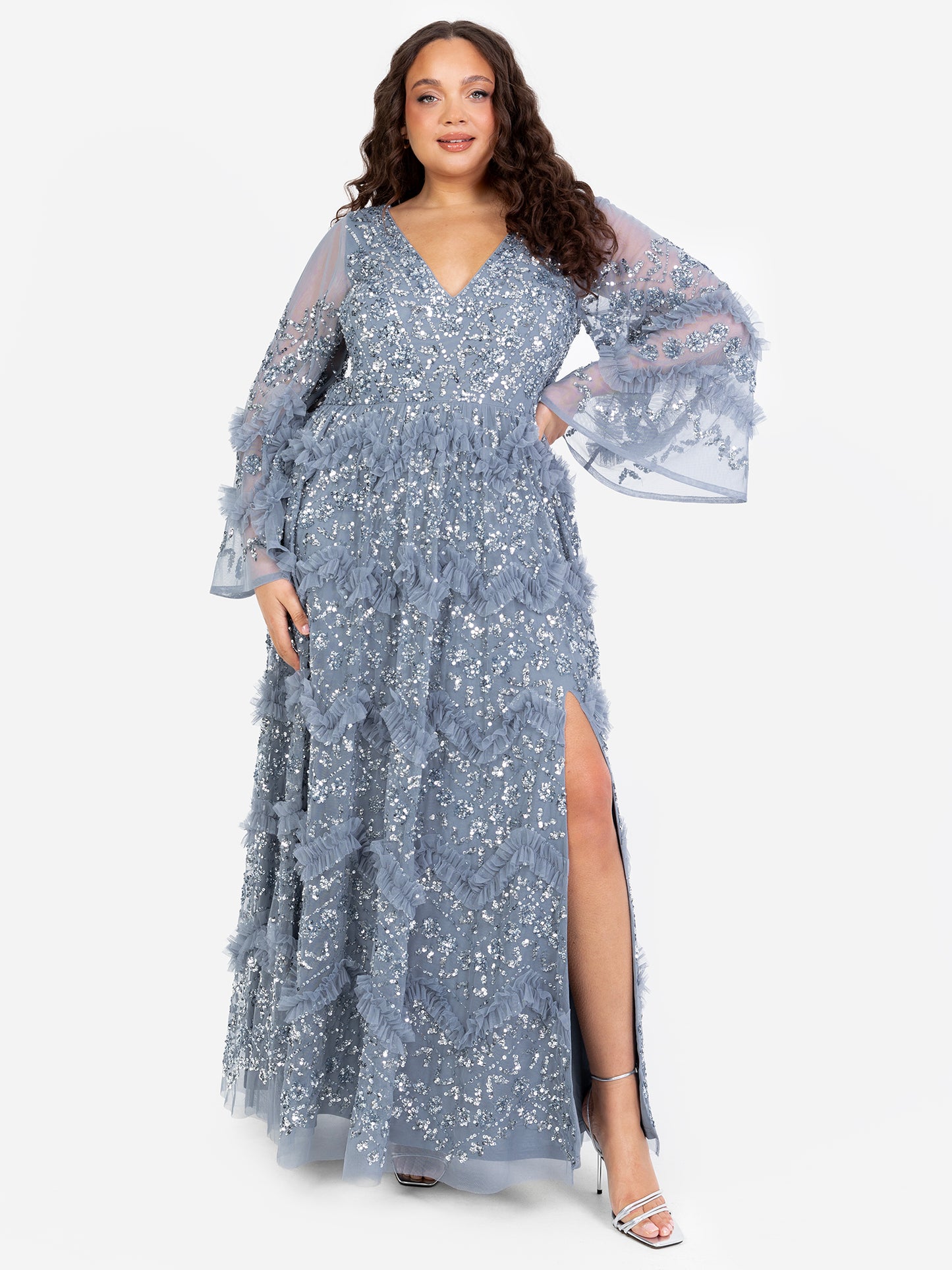 Maya Dusty Blue Fully Embellished Maxi Dress with Frill Detail