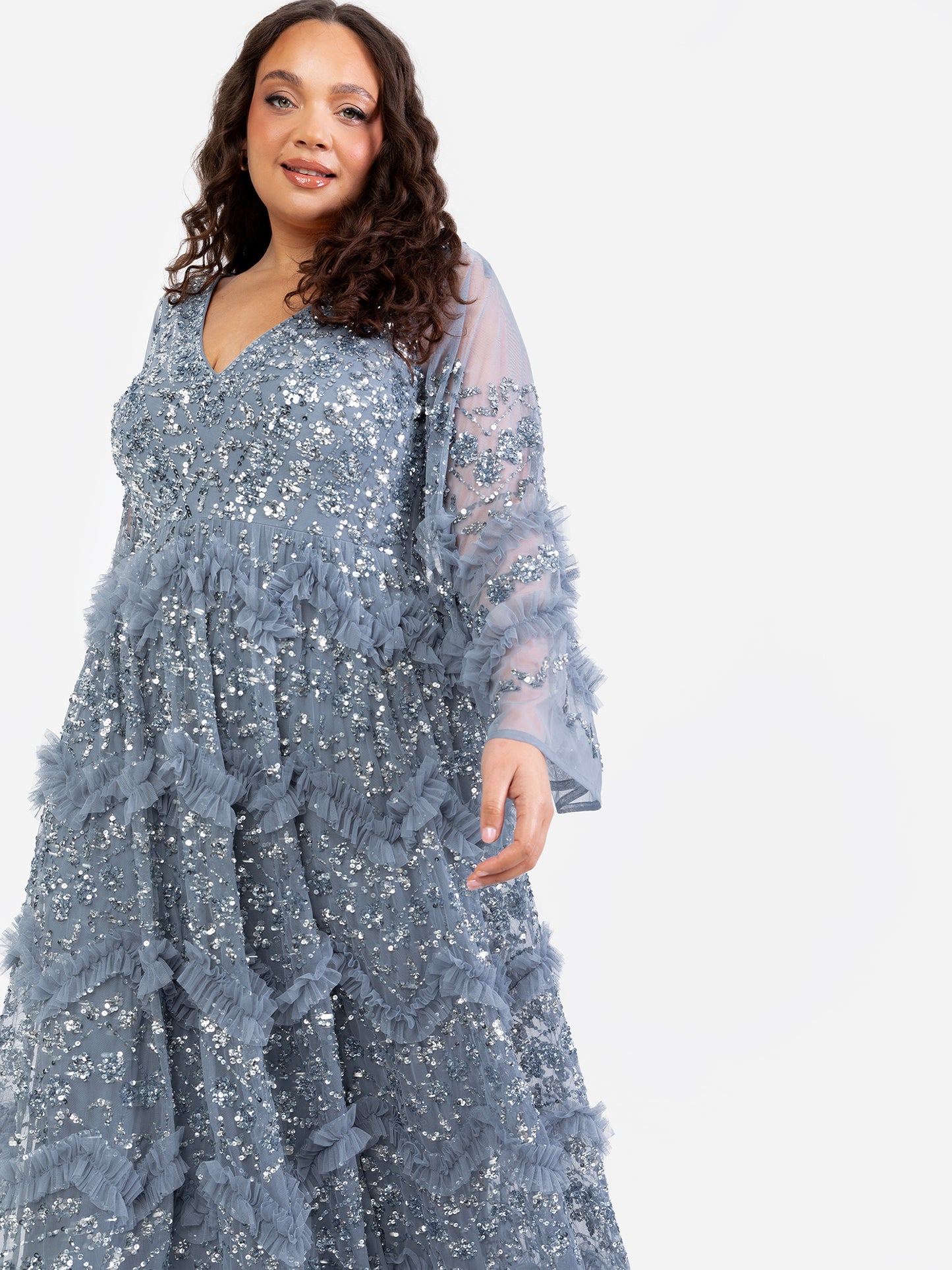 Maya Dusty Blue Fully Embellished Maxi Dress with Frill Detail