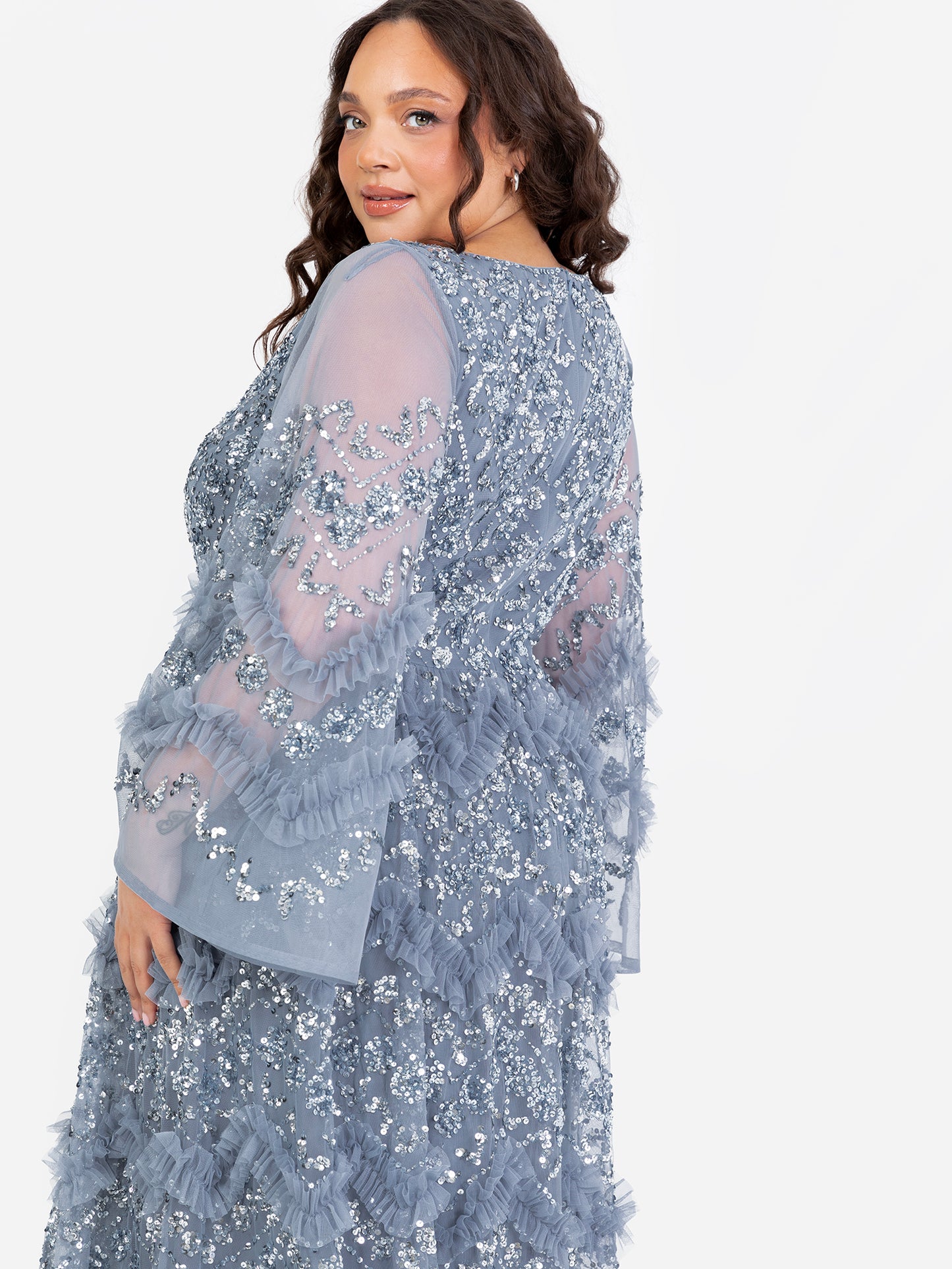 Maya Dusty Blue Fully Embellished Maxi Dress with Frill Detail