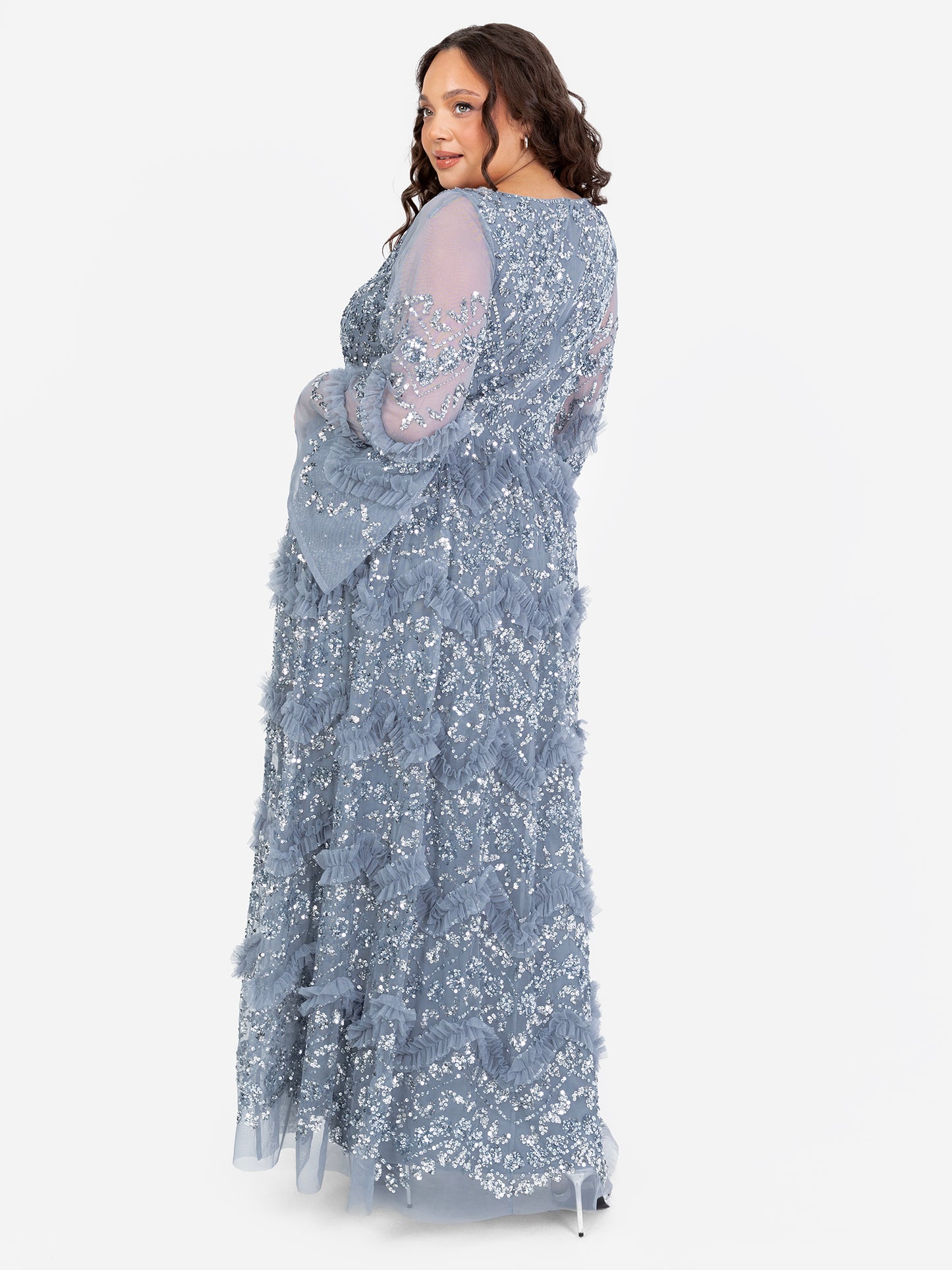 Maya Dusty Blue Fully Embellished Maxi Dress with Frill Detail