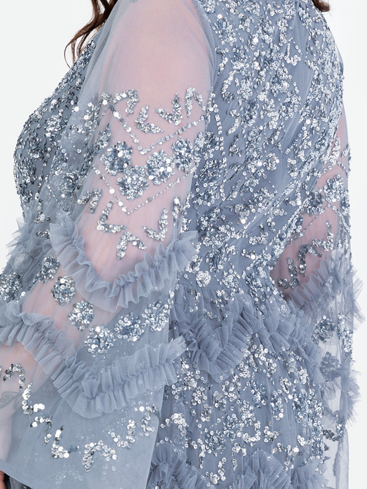 Maya Dusty Blue Fully Embellished Maxi Dress with Frill Detail