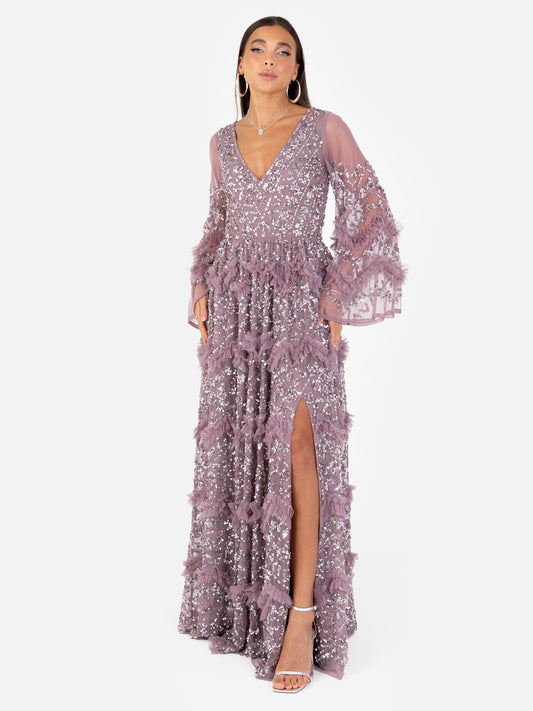 Maya Moody Lilac Fully Embellished Maxi Dress with Frill Detail