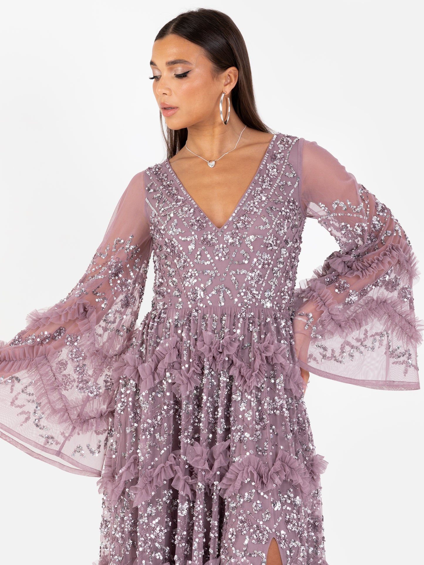Maya Moody Lilac Fully Embellished Maxi Dress with Frill Detail