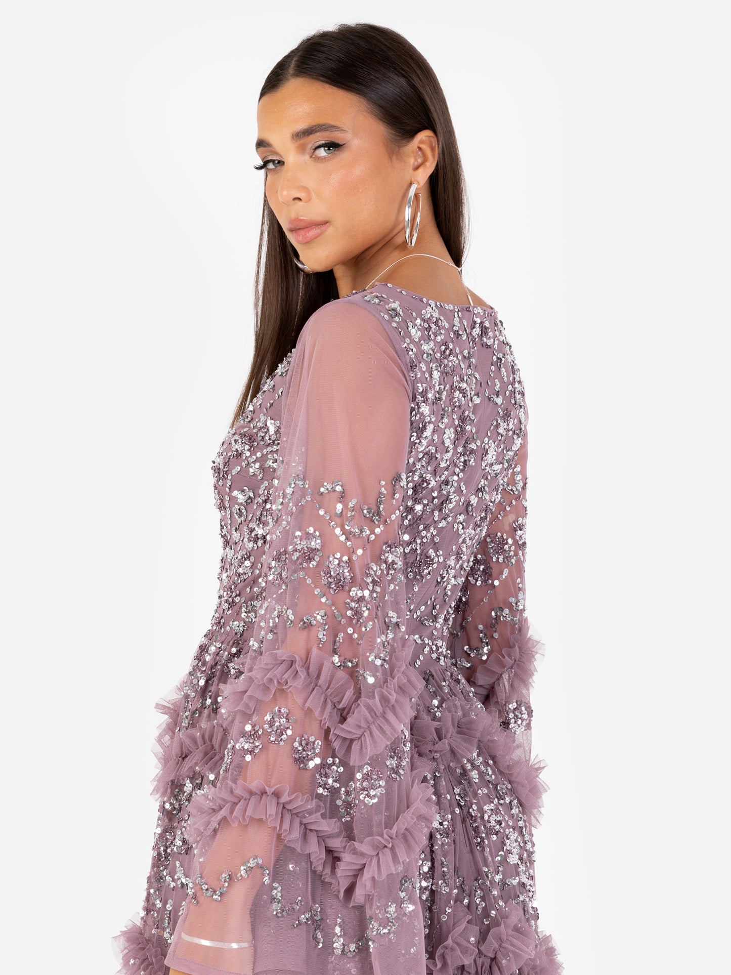 Maya Moody Lilac Fully Embellished Maxi Dress with Frill Detail