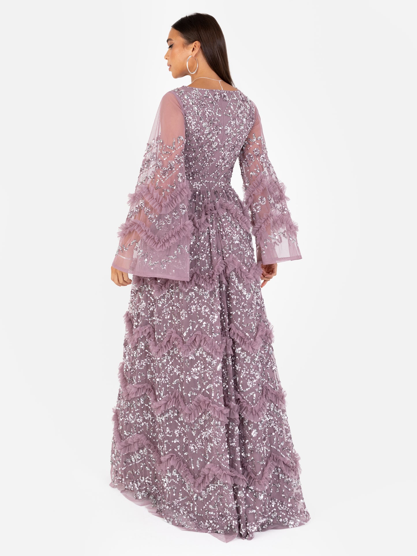 Maya Moody Lilac Fully Embellished Maxi Dress with Frill Detail