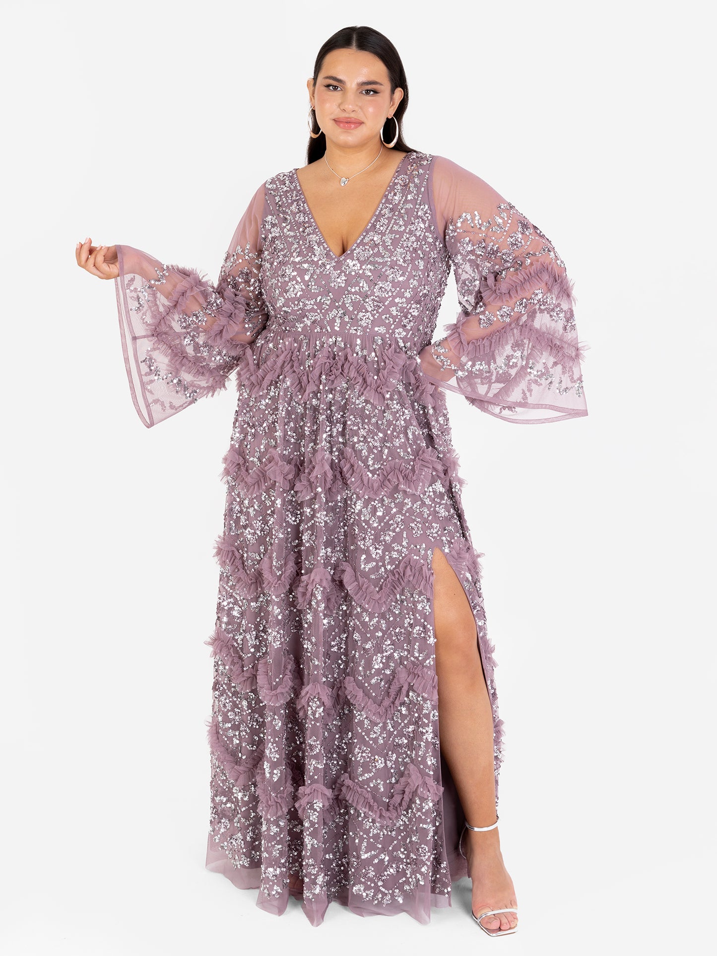 Maya Moody Lilac Fully Embellished Maxi Dress with Frill Detail