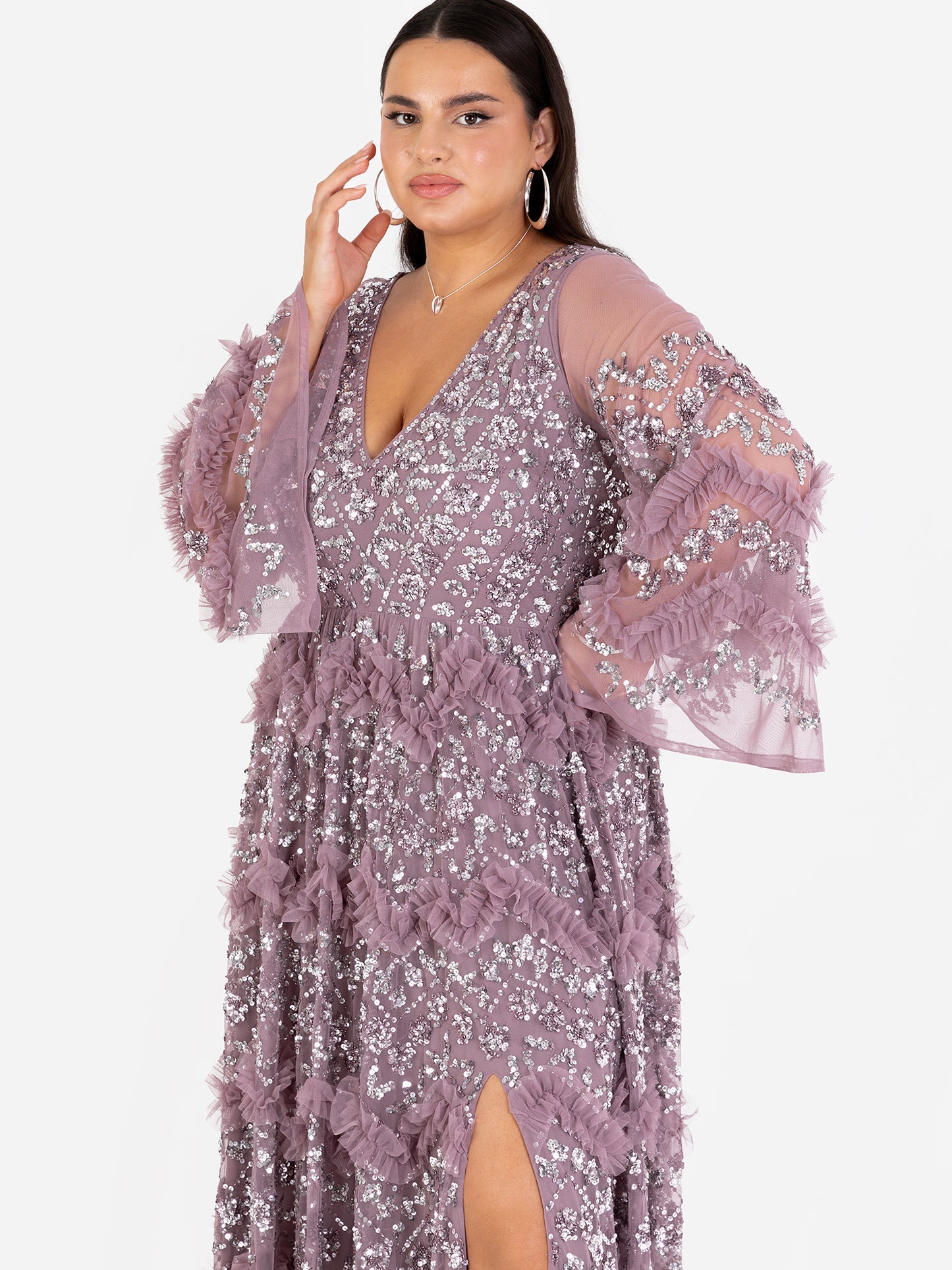 Maya Moody Lilac Fully Embellished Maxi Dress with Frill Detail