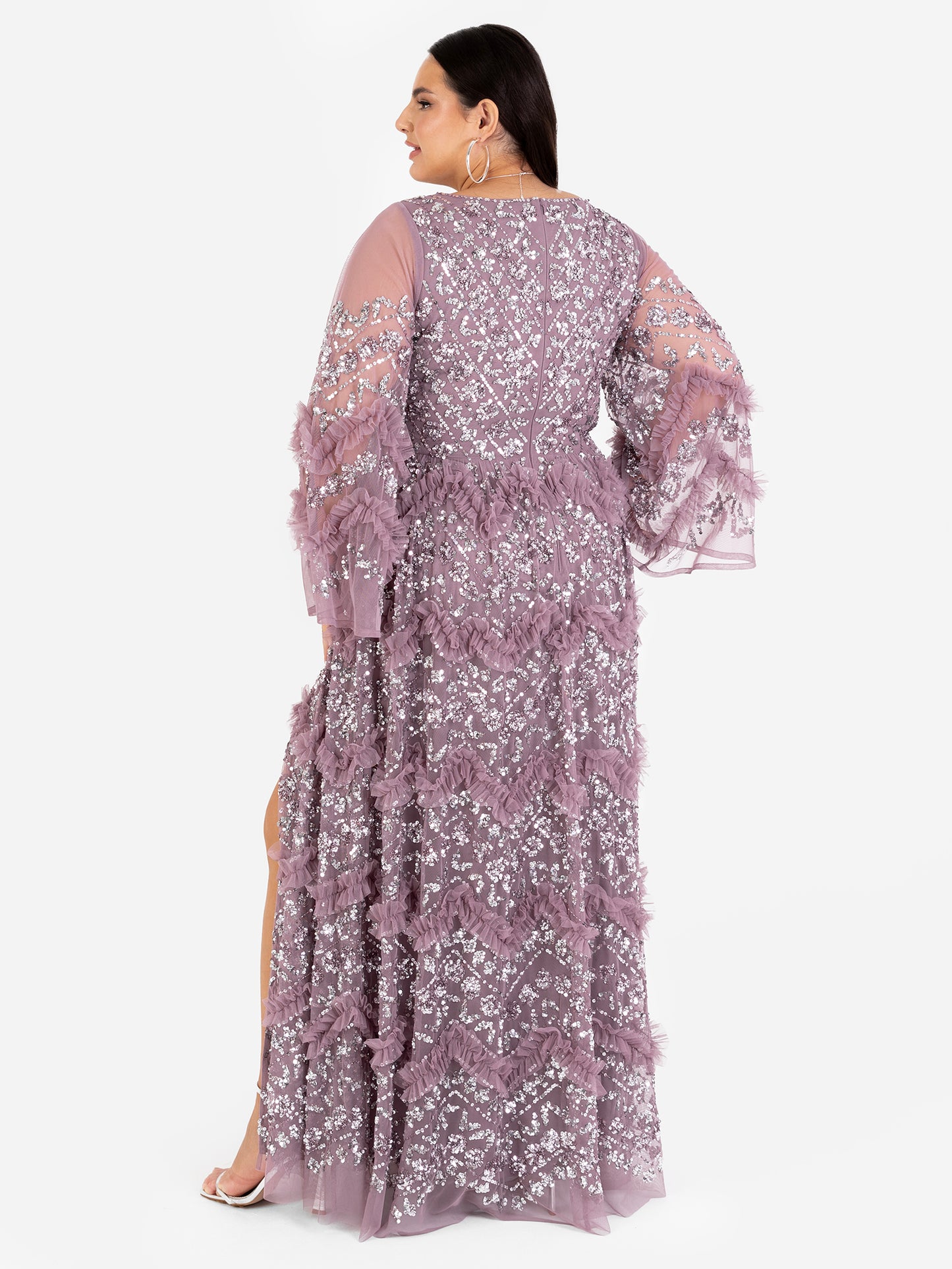 Maya Moody Lilac Fully Embellished Maxi Dress with Frill Detail