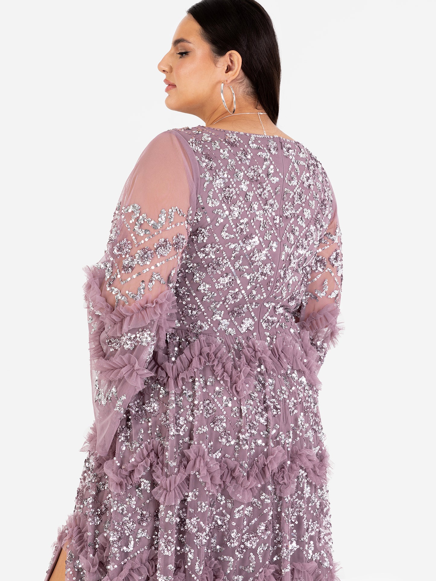 Maya Moody Lilac Fully Embellished Maxi Dress with Frill Detail