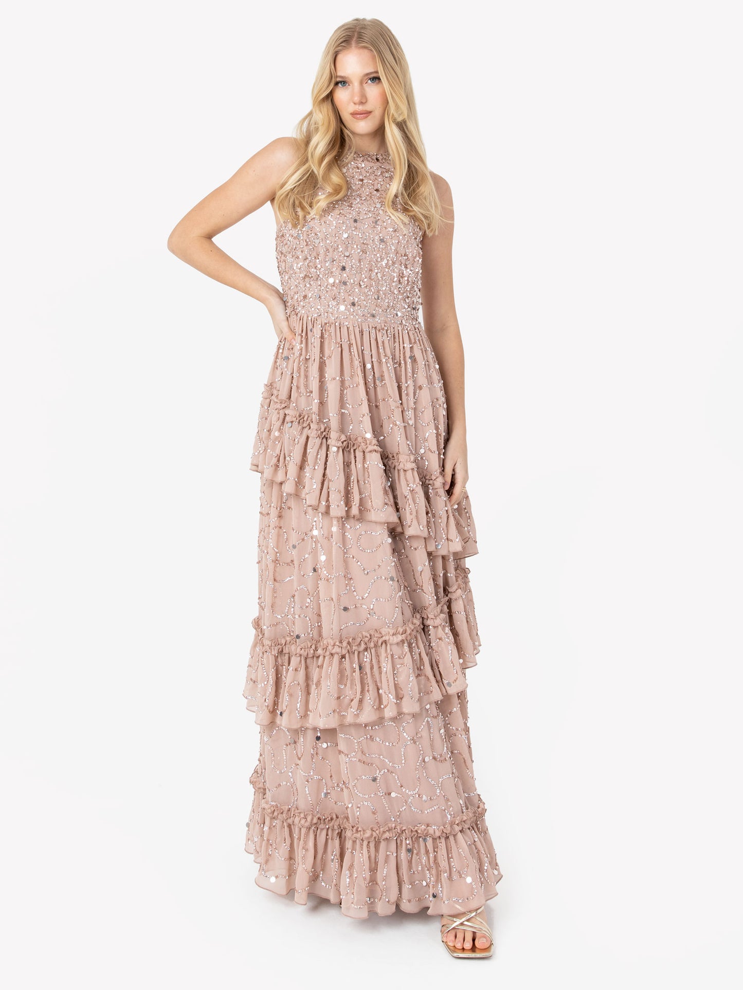 Maya Taupe Blush Fully Embellished Halter Neck Maxi Dress