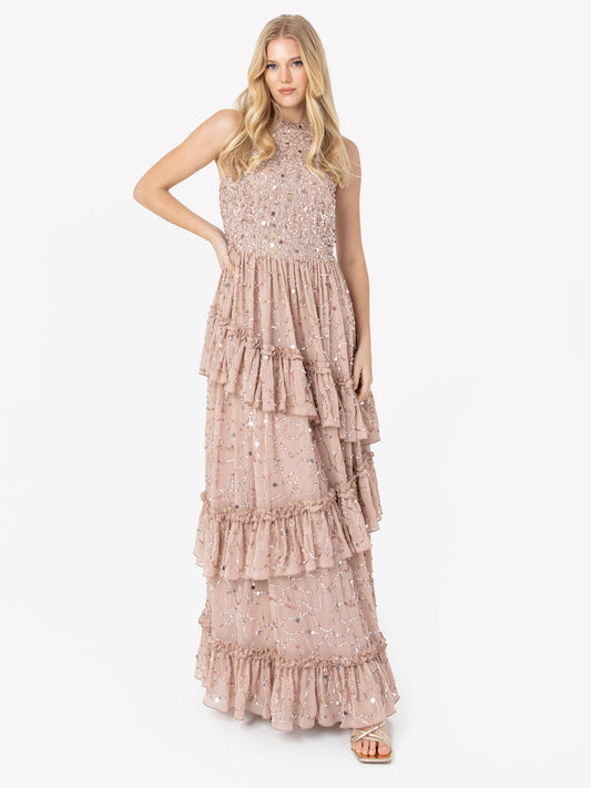 Maya Taupe Blush Fully Embellished Halter Neck Maxi Dress