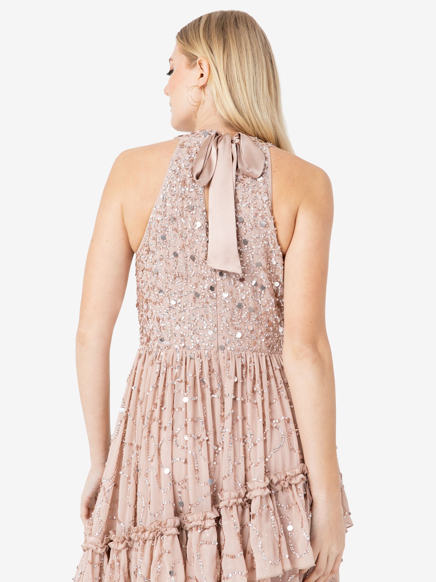 Maya Taupe Blush Fully Embellished Halter Neck Maxi Dress
