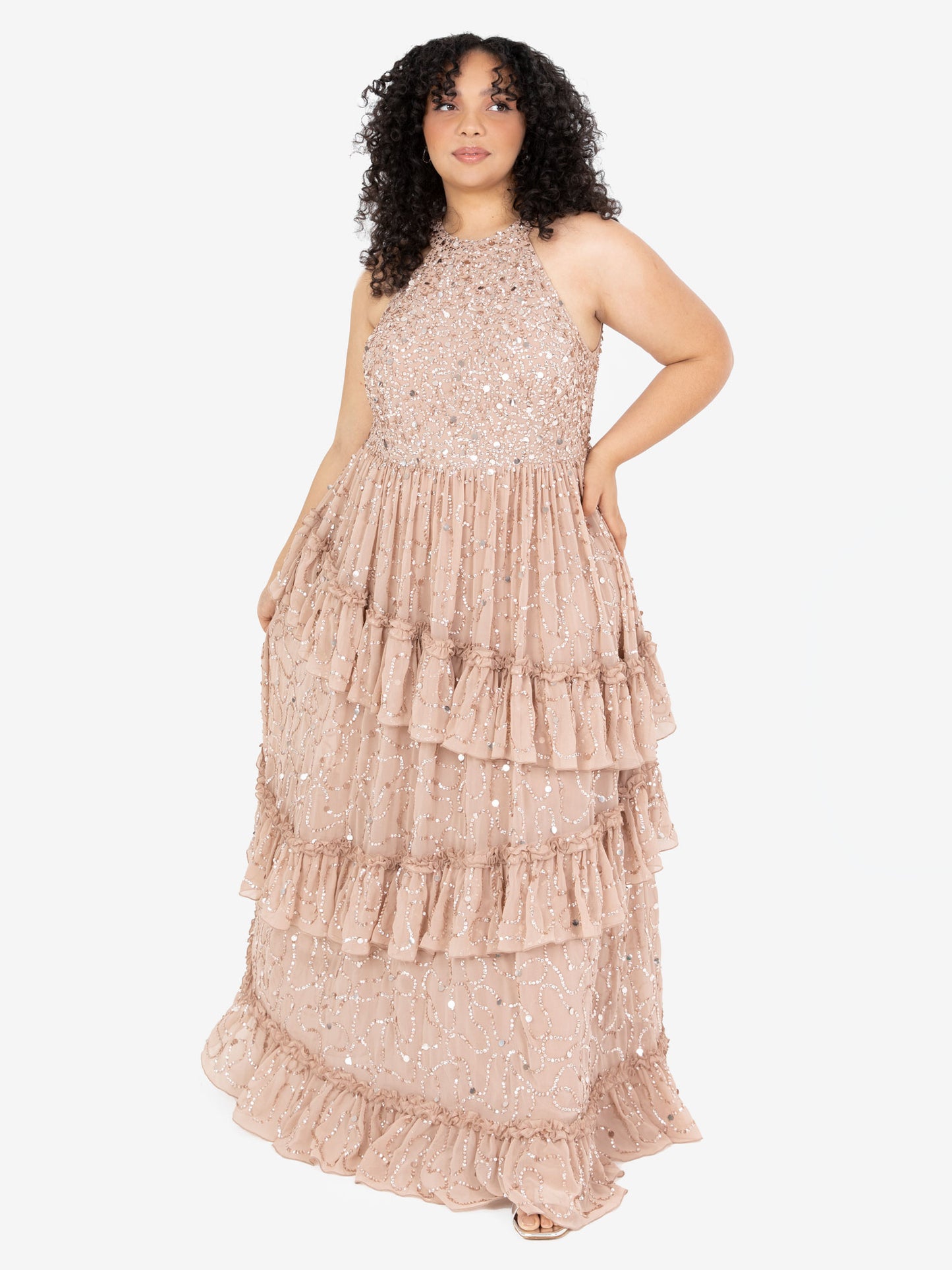 Maya Taupe Blush Fully Embellished Halter Neck Maxi Dress