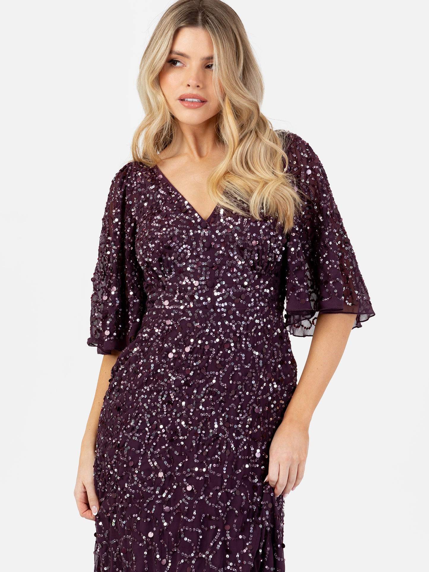 Maya Berry Embellished Angel Sleeve Maxi Dress with Button Detail