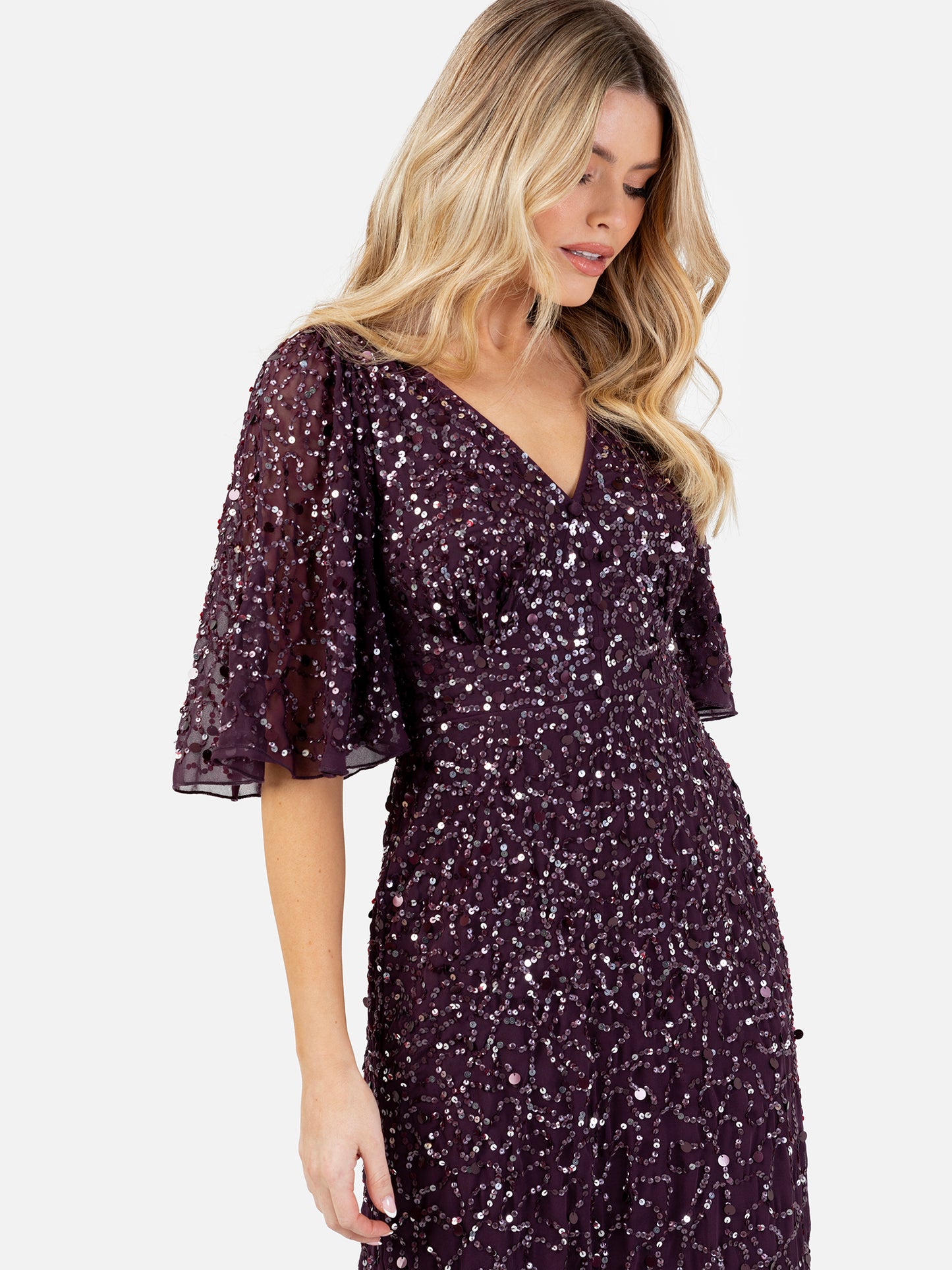 Maya Berry Embellished Angel Sleeve Maxi Dress with Button Detail