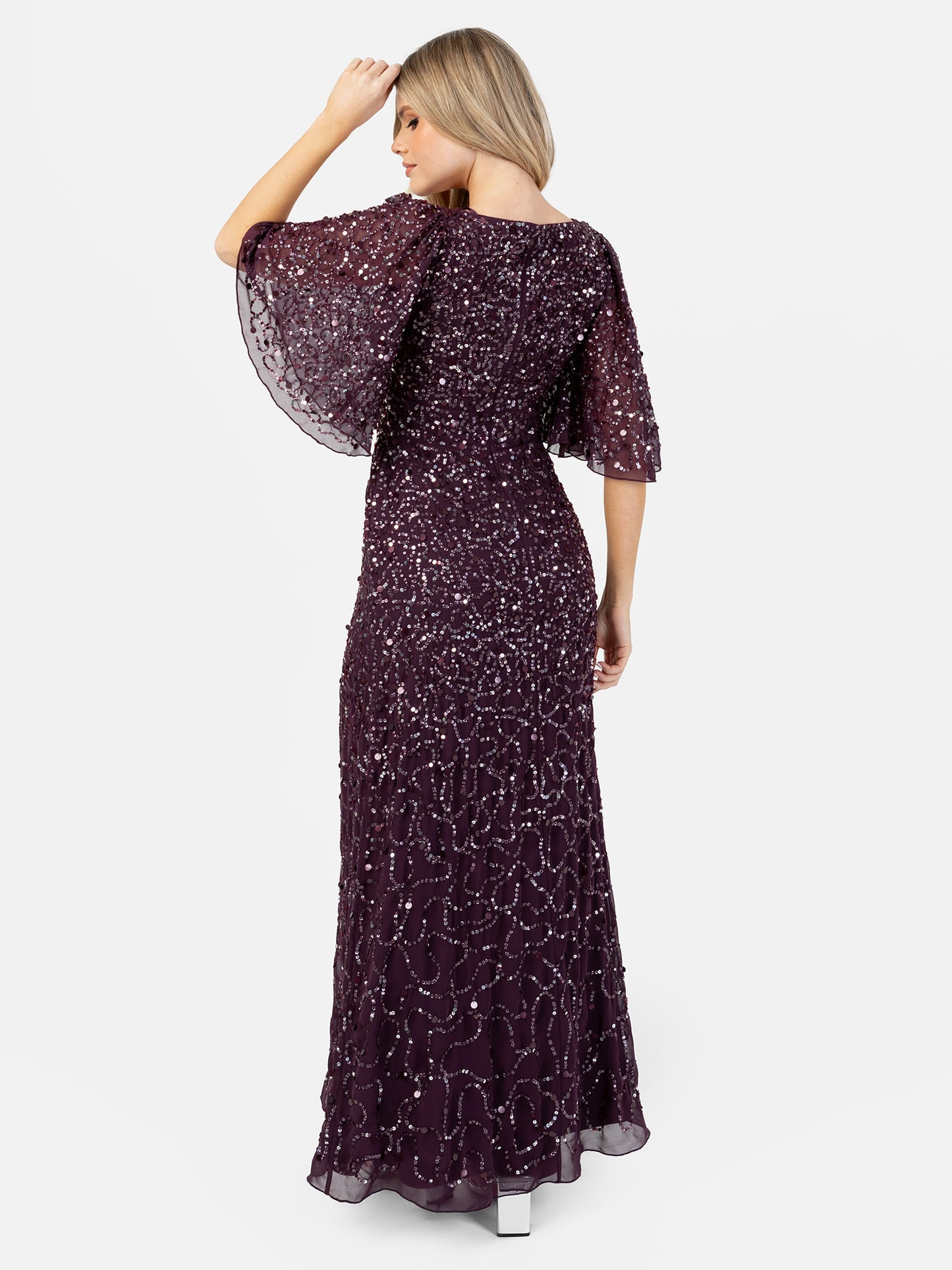 Maya Berry Embellished Angel Sleeve Maxi Dress with Button Detail