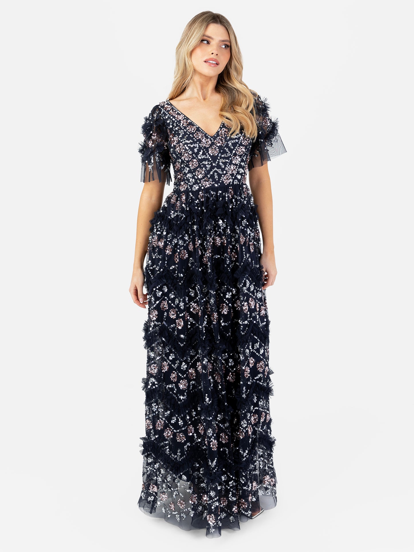 Maya Navy Fully Embellished Short Sleeve V Neck Ruffle Maxi Dress