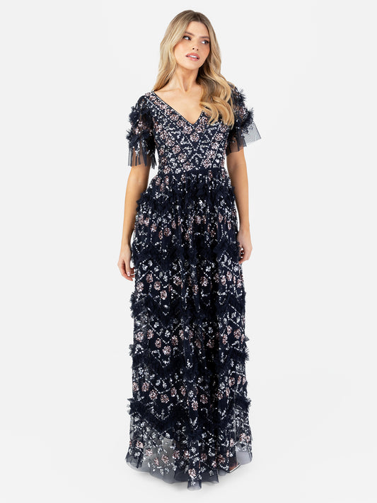 Maya Navy Fully Embellished Short Sleeve V Neck Ruffle Maxi Dress