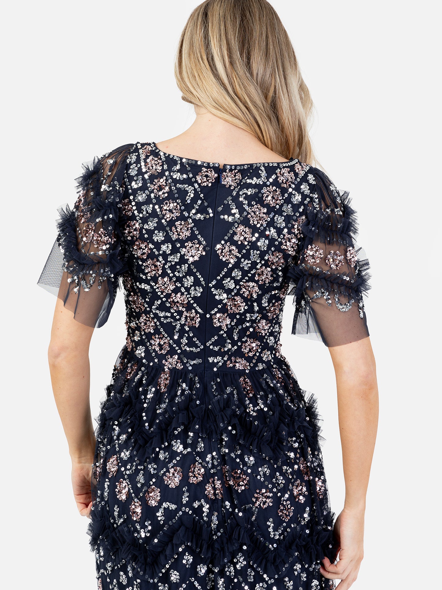 Maya Navy Fully Embellished Short Sleeve V Neck Ruffle Maxi Dress