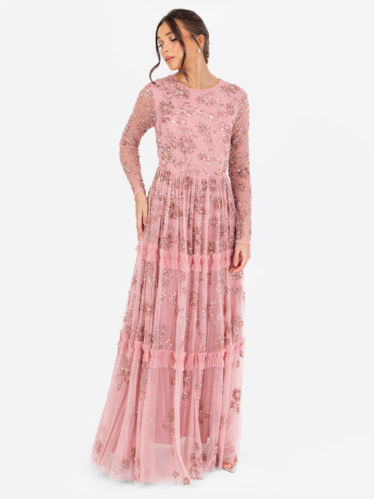 Maya Pink Floral Embellished Long Sleeve Maxi Dress