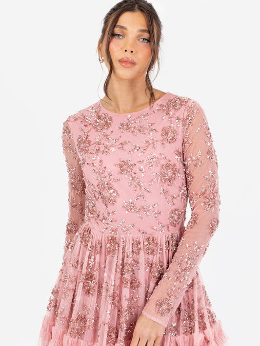 Maya Pink Floral Embellished Long Sleeve Maxi Dress