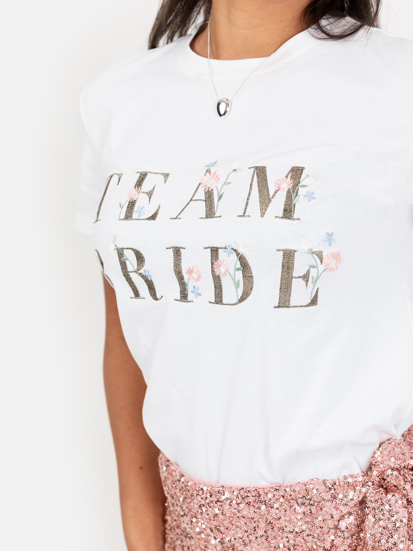 Maya White Embroidered 'Team Bride' T-Shirt