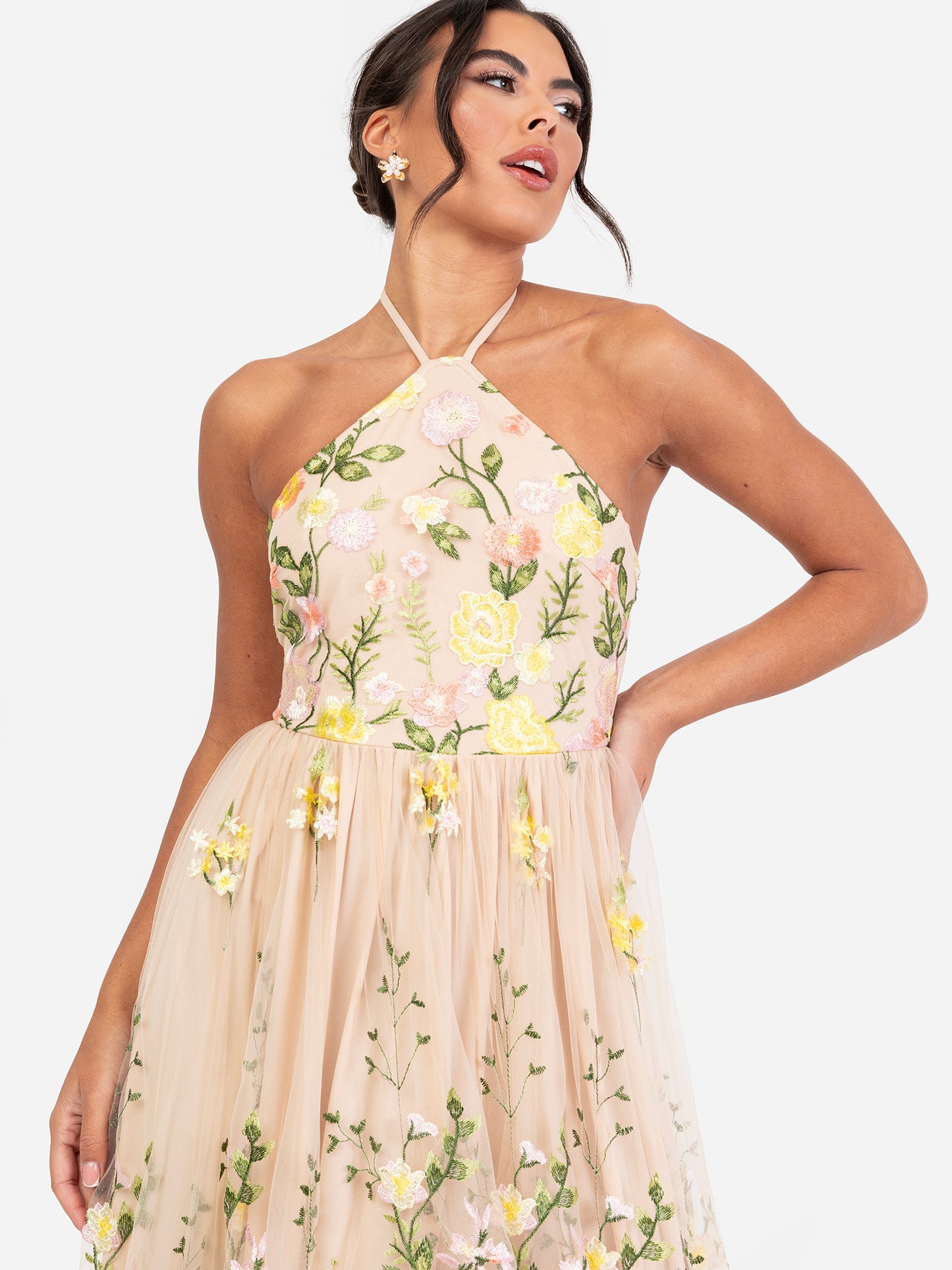 Maya Floral Embroidered Halter Neck Maxi Dress
