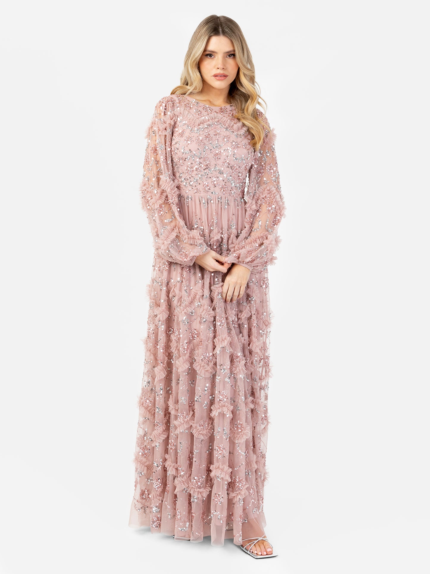 Maya Frosted Pink Embellished Blouson Sleeve Maxi Dress